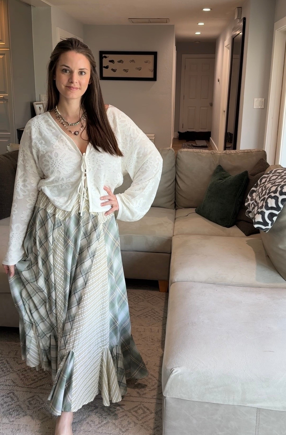 I am 5’3 34DDD
2 months postpartum, waist is about 30” 
I am wearing a medium in the skirt. True to size with plenty stretch! 
I got the sweater in a large but probably could have done a medium if I wanted a less drapey look. 

#LTKHoliday #LTKSaleAlert #LTKSeasonal