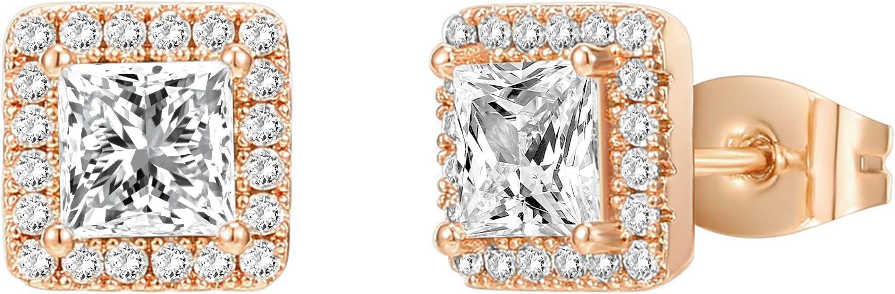 PAVOI 14K Gold Plated 925 Sterling Silver Post Brilliant Round Faux Diamond Halo Earrings - Premi... | Amazon (US)