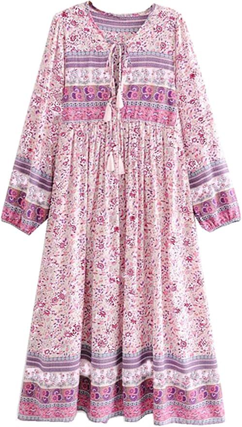 R.Vivimos Women's Long Sleeve Floral Print Retro V Neck Tassel Bohemian Midi Dresses | Amazon (US)