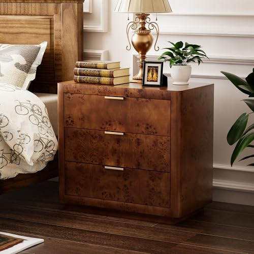 COZAYH Burl Finish 3 Drawer Nightstand, Rustic Farmhouse Dresser with Metal Handles, Vintage Accent Wood Storage Bedside Table for Bedroom, Fully Assembled, Dark Brown | Amazon (US)