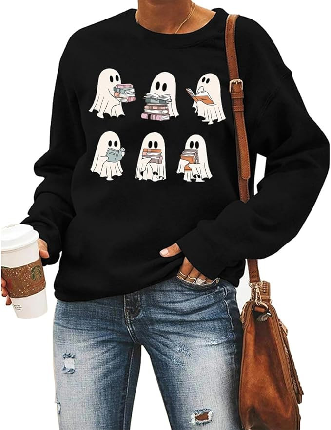 Ghost Reading Books Sweatshirt Women Bookish Halloween Sweater Halloween Teacher Gift Shirt Casua... | Amazon (US)