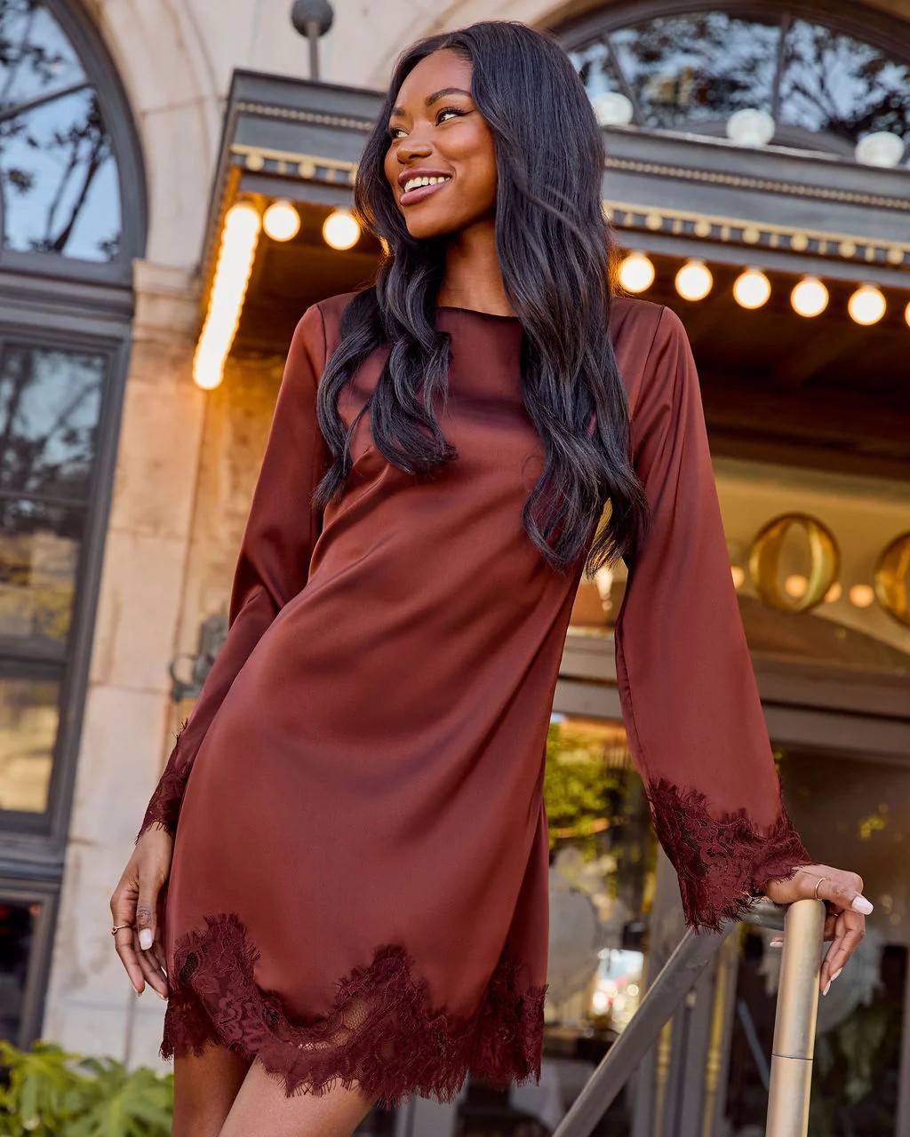 Gayle Satin Lace Trim Mini Dress | VICI