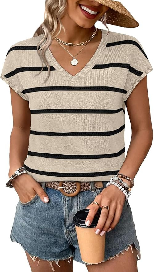 WIHOLL Short Sleeve Sweater for Women V Neck Trendy Summer Tops 2026 Spring Fashion Clothing Busi... | Amazon (US)