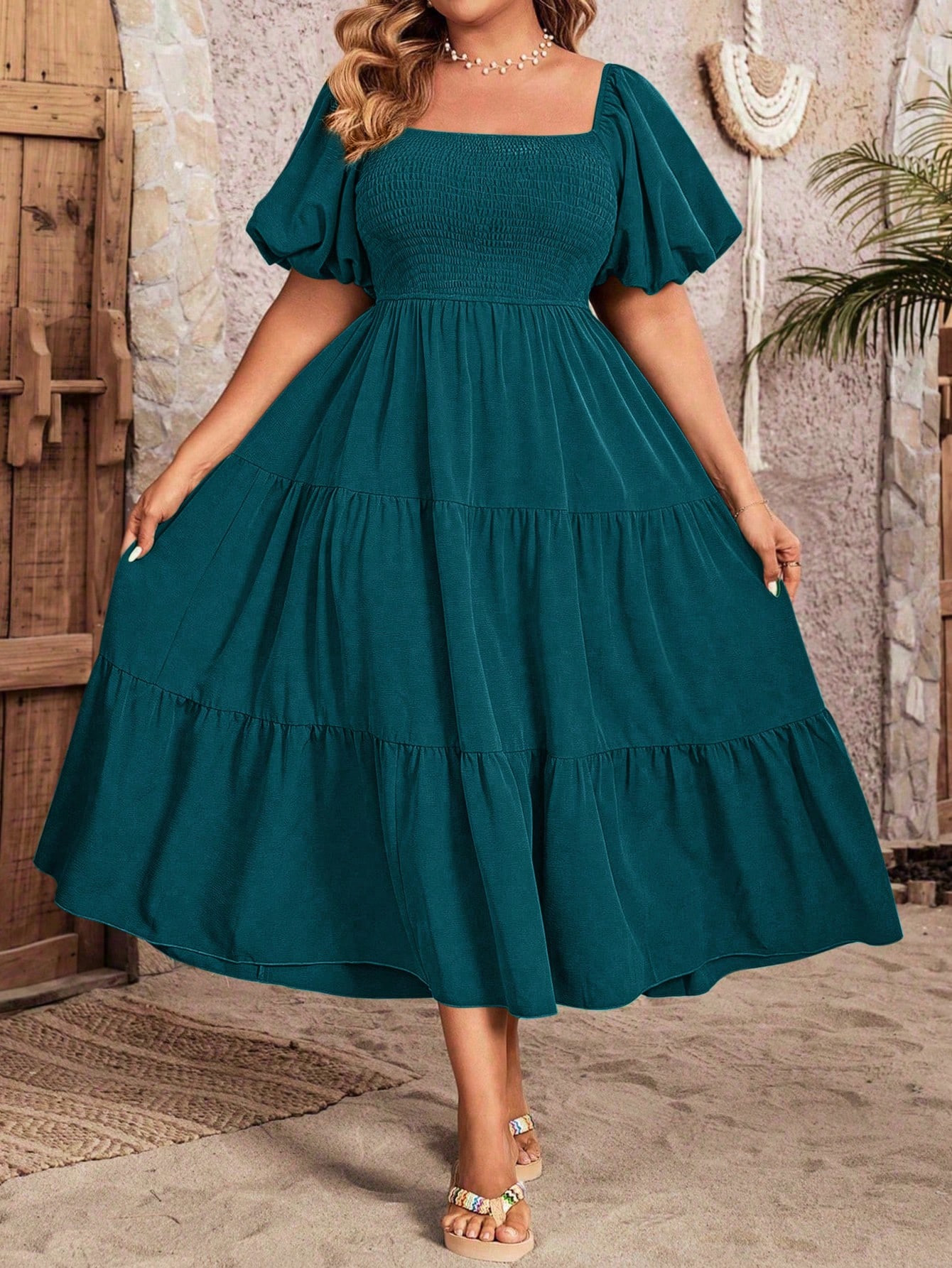 SHEIN VCAY Plus Size Women Solid Color Square Neck Ruffle Hem Short Sleeve Casual Dress | SHEIN U... | SHEIN