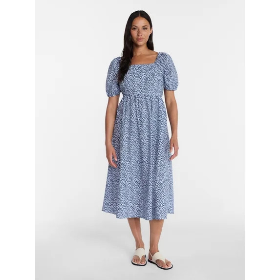 Time and Tru Women's Tie Back Cotton Midi Dress with Short Puff Sleeves, Sizes XS-XXXL | Walmart (US)
