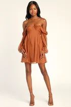 Dream Desire Rust Brown Off-the-Shoulder Long Sleeve Mini Dress | Lulus (US)