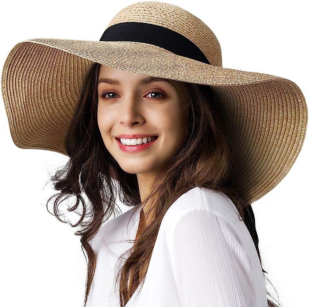 Womens Sun Straw Hat Wide Brim UPF 50 Summer Hat Foldable Roll up Floppy Beach Hats for Women | Amazon (US)