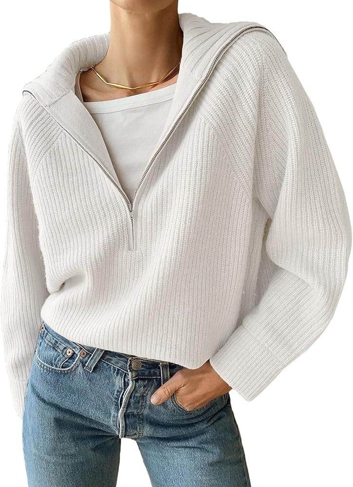 BTFBM Women’s Casual Long Sleeve Half Zip Pullover Sweaters Solid V Neck Collar Ribbed Knitted Loose | Amazon (US)