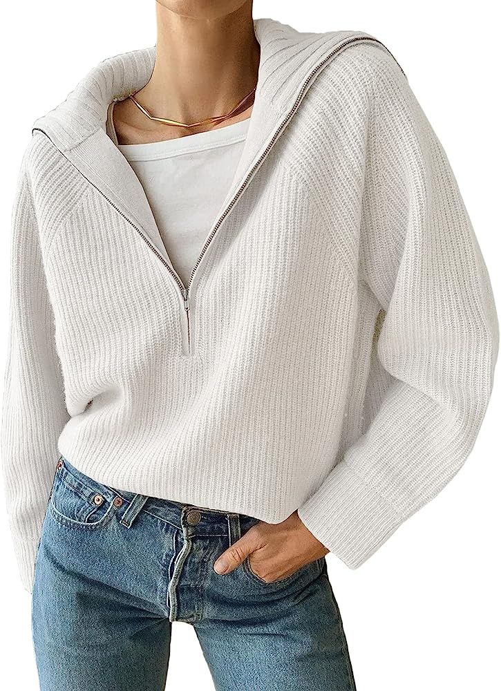 BTFBM Women’s Casual Long Sleeve Half Zip Pullover Sweaters Solid V Neck Collar Ribbed Knitted Loose | Amazon (US)