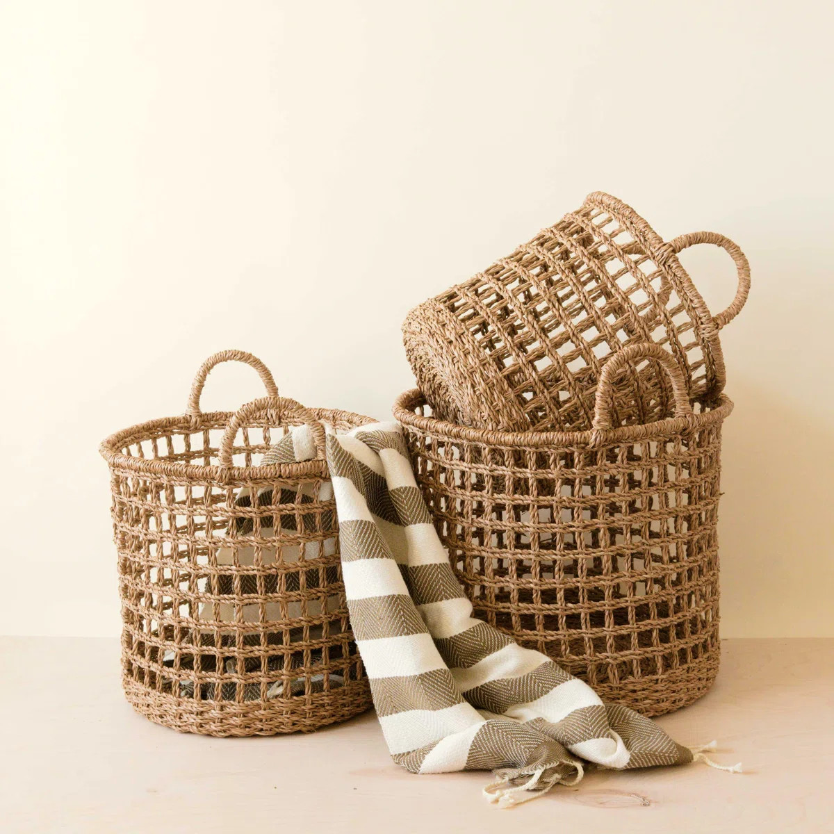 Seagrass Rope Open Weave Cylinder Basket with handles, nested set of 3 (Set of 3) | Wayfair North America