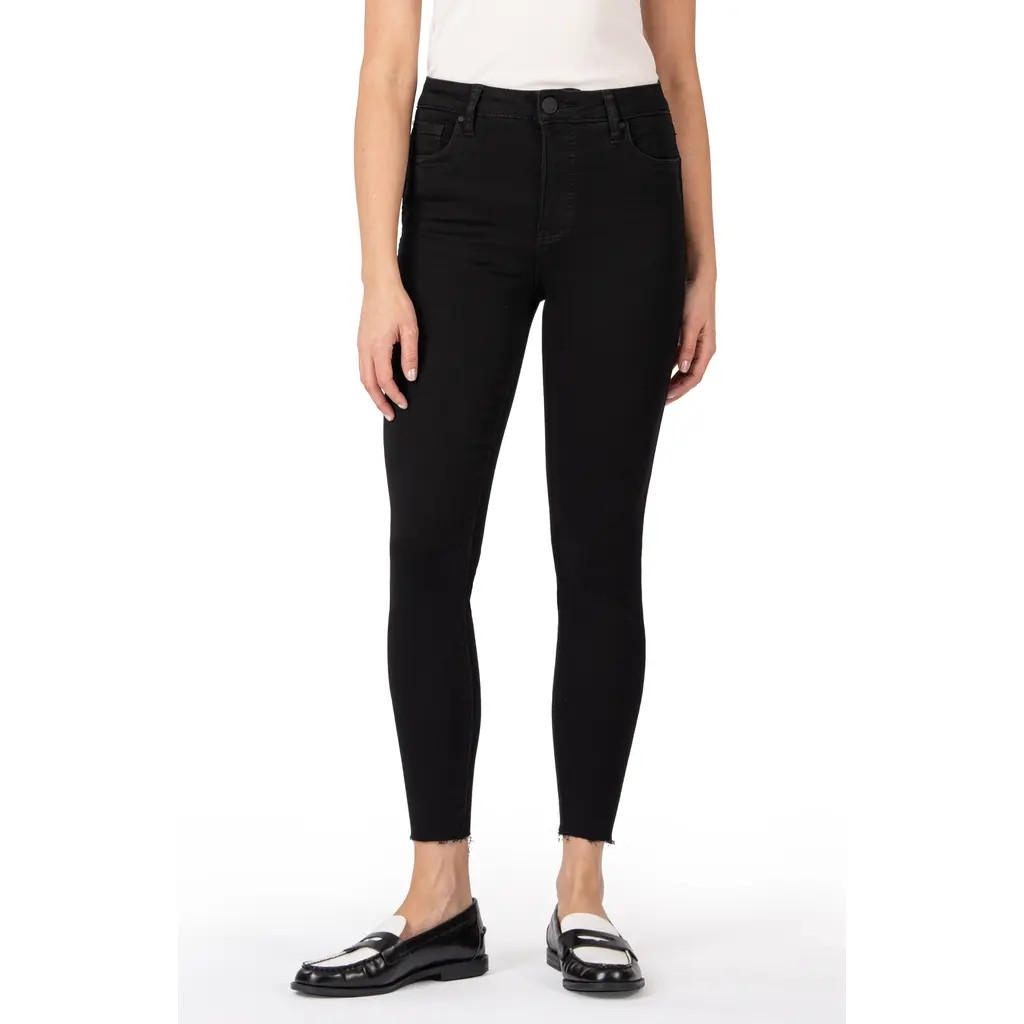 KUT from the Kloth Donna High Waist Fray Hem Ankle Skinny Jeans in Black at Nordstrom, Size 14 | Nordstrom