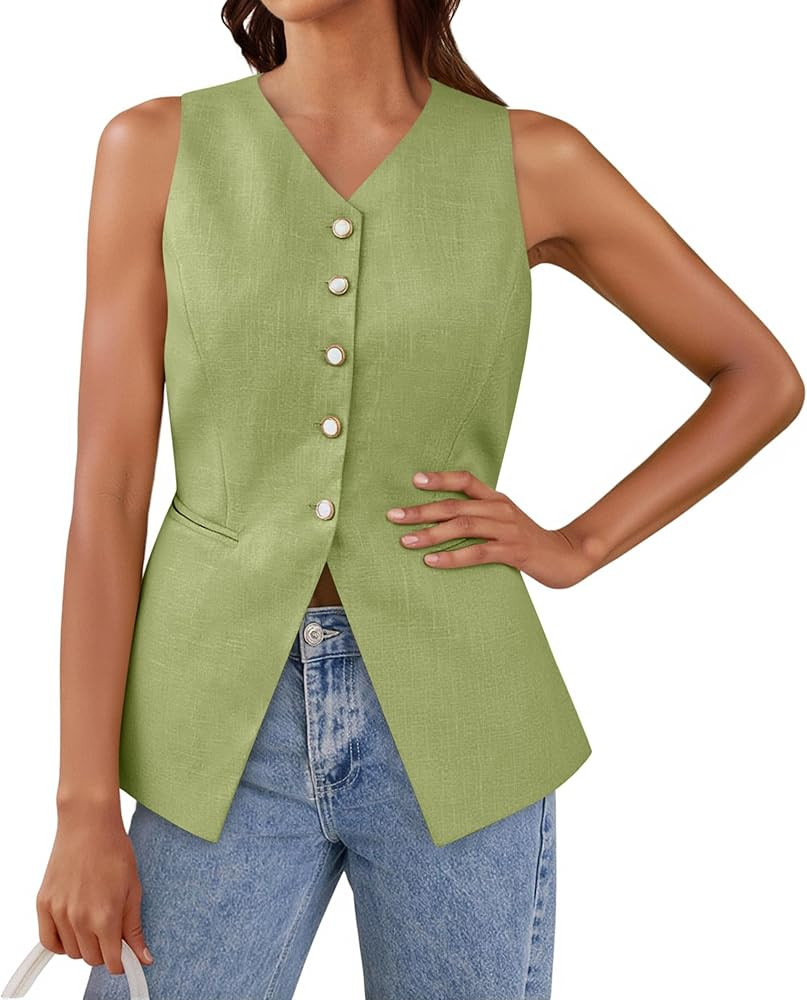 Tankaneo Womens Summer Suit Vest Tops Fashion Casual Sleeveless Blazers Split Hem Button Down Lin... | Amazon (US)