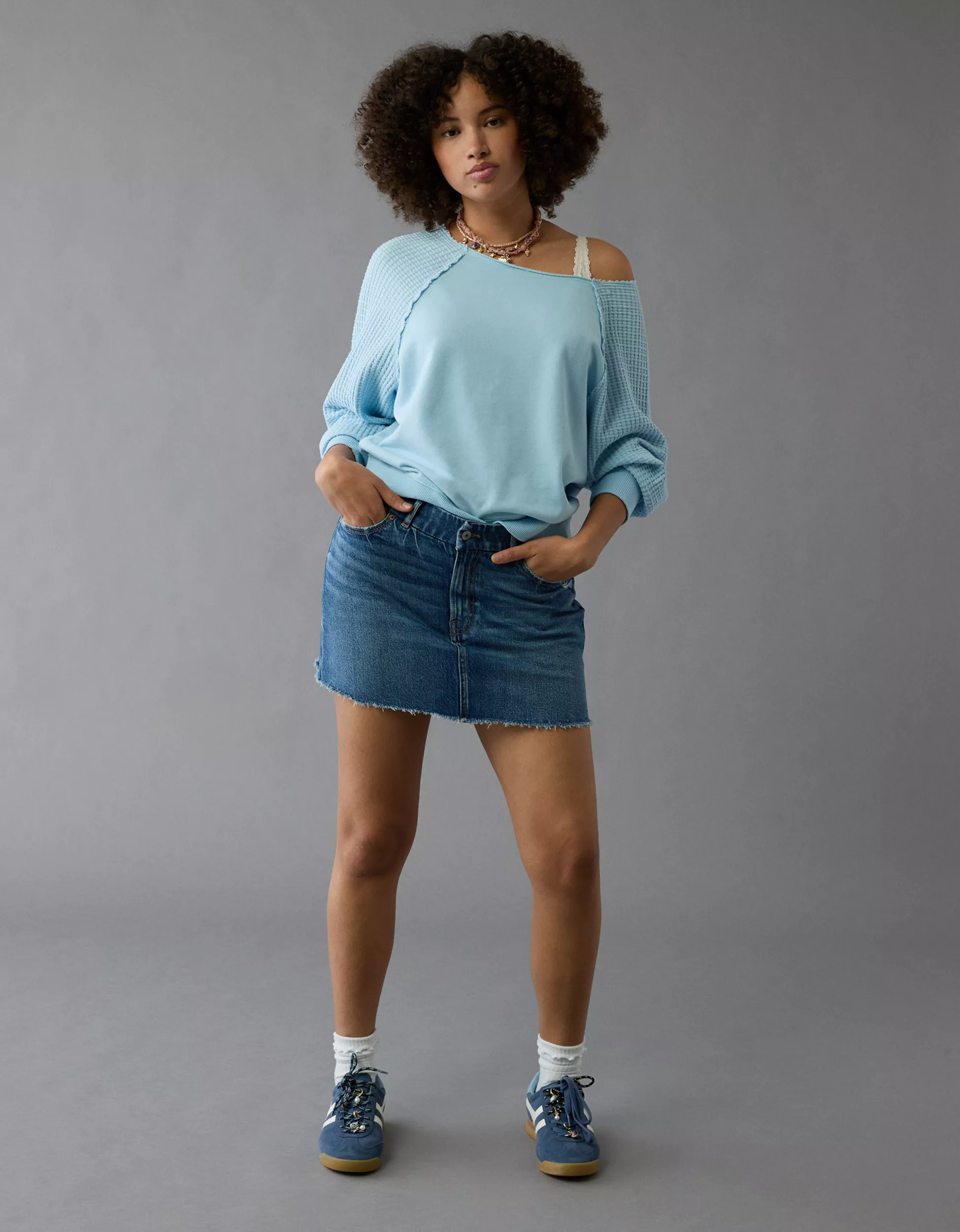 AE Stretch Curvy High-Waisted Perfect Denim Mini Skirt | American Eagle Outfitters (US & CA)