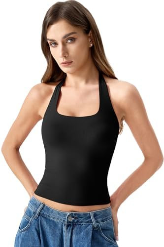 QINSEN Womens Halter Top Double Lined Tank Top Sleeveless Open Back Slim fit Going Out Tops | Amazon (US)