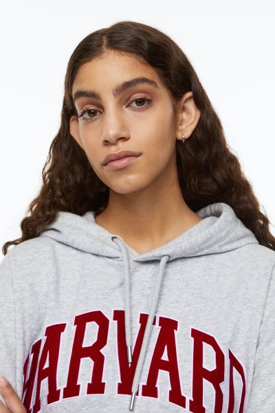 Hoodie with Motif - Light gray melange/Harvard - Ladies | H&M US | H&M (US + CA)