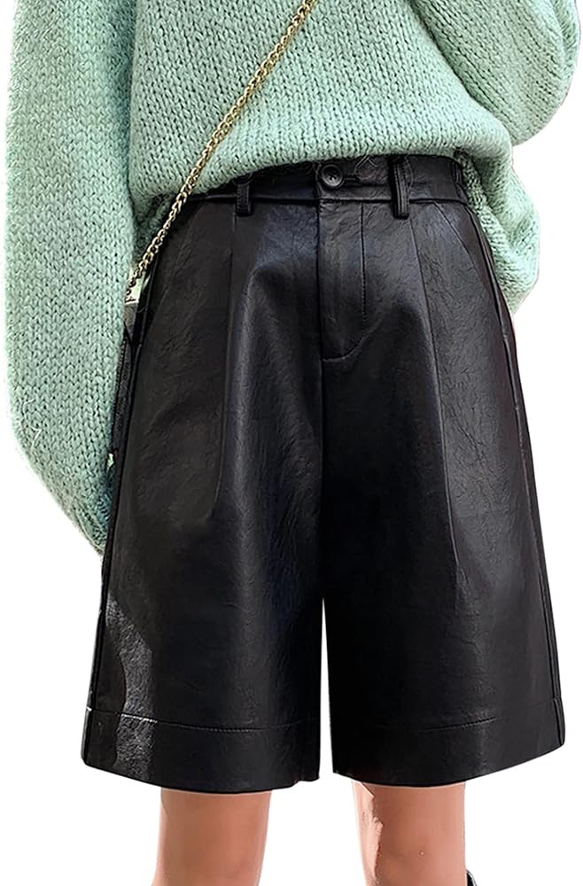 HaoMay Women's Elastic High Waist Wide Leg Pleated PU Faux Leather Shorts | Amazon (US)