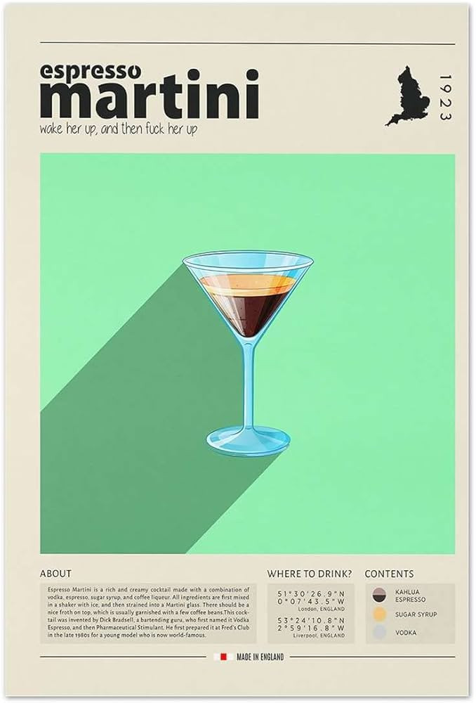 BEBEart Espresso Martini Poster Cocktail Print UK Poster Retro Canvas Art for Home Decor 08x12inc... | Amazon (US)