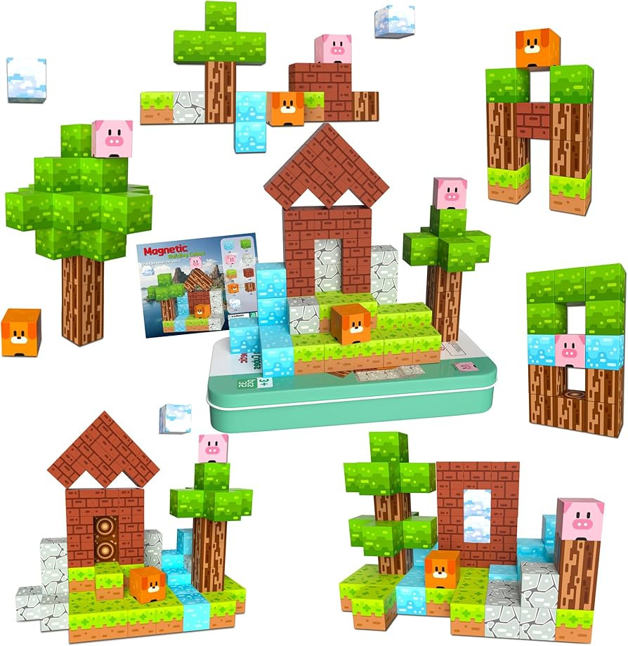 Magnetic Blocks Minecraft-Style Magnetic Building Blocks Cubes - 35PCS Tin Box Magnet Toys Travel... | Amazon (US)