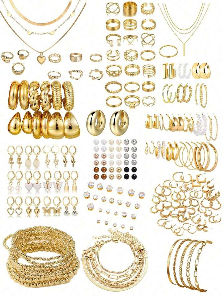 90-37pcs Minimalist Elegant Vintage Butterfly, Heart, Faux Pearl, Twist Knot, Star, Moon, Crystal, Wide Ring, Snake Chain, Braid Chain, Geometric C Hoop Earrings, Necklaces, Rings, Bracelets Jewelry Set, Suitable For Festivals, Parties, Daily Wear, Exquisite Holiday Gift | SHEIN