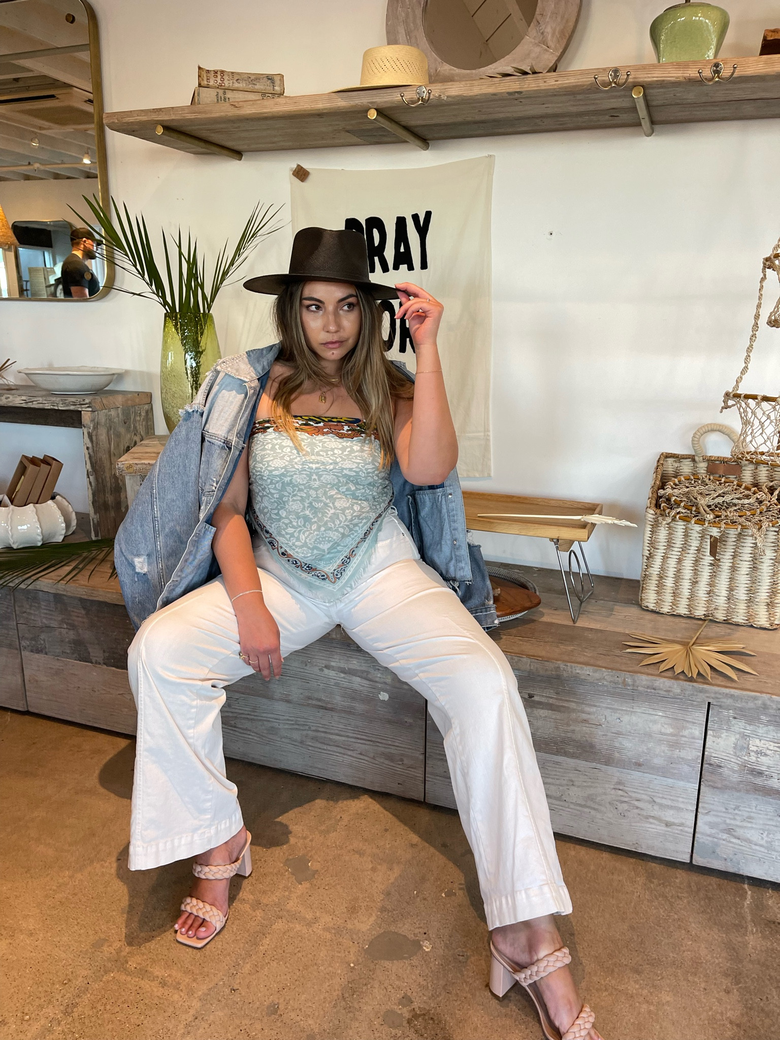 Wore a thrifted bandana as a top and was stoked the way it looked! Just folded in half in a triangle and tied the corners in the back. Also, fell in love with @spanx wide leg pants! The white isn’t see-through, and there’s a tummy control fabric on the front seam. Black fedora is from @gigipip new Panama hat line. The heeled sandals can be worn to dinner, the office, or even a wedding!

#LTKstyletip #LTKshoecrush #LTKworkwear