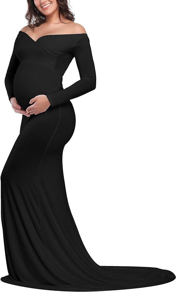 JustVH Maternity Elegant Fitted Maternity Gown Long Sleeve Cross-Front V Neck Slim Fit Maxi Photo... | Amazon (US)