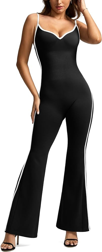 Jumpsuits for Women Tummy Control Spaghetti Straps Stretch Flare Leggings Romper | Amazon (US)