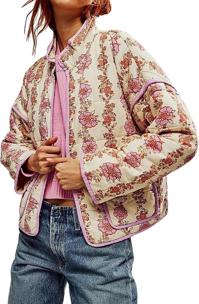 Womens Cropped Quilted Lightweight Jackets Floral Printed Open Front Puffer Coat Cardigan | Amazon (US)