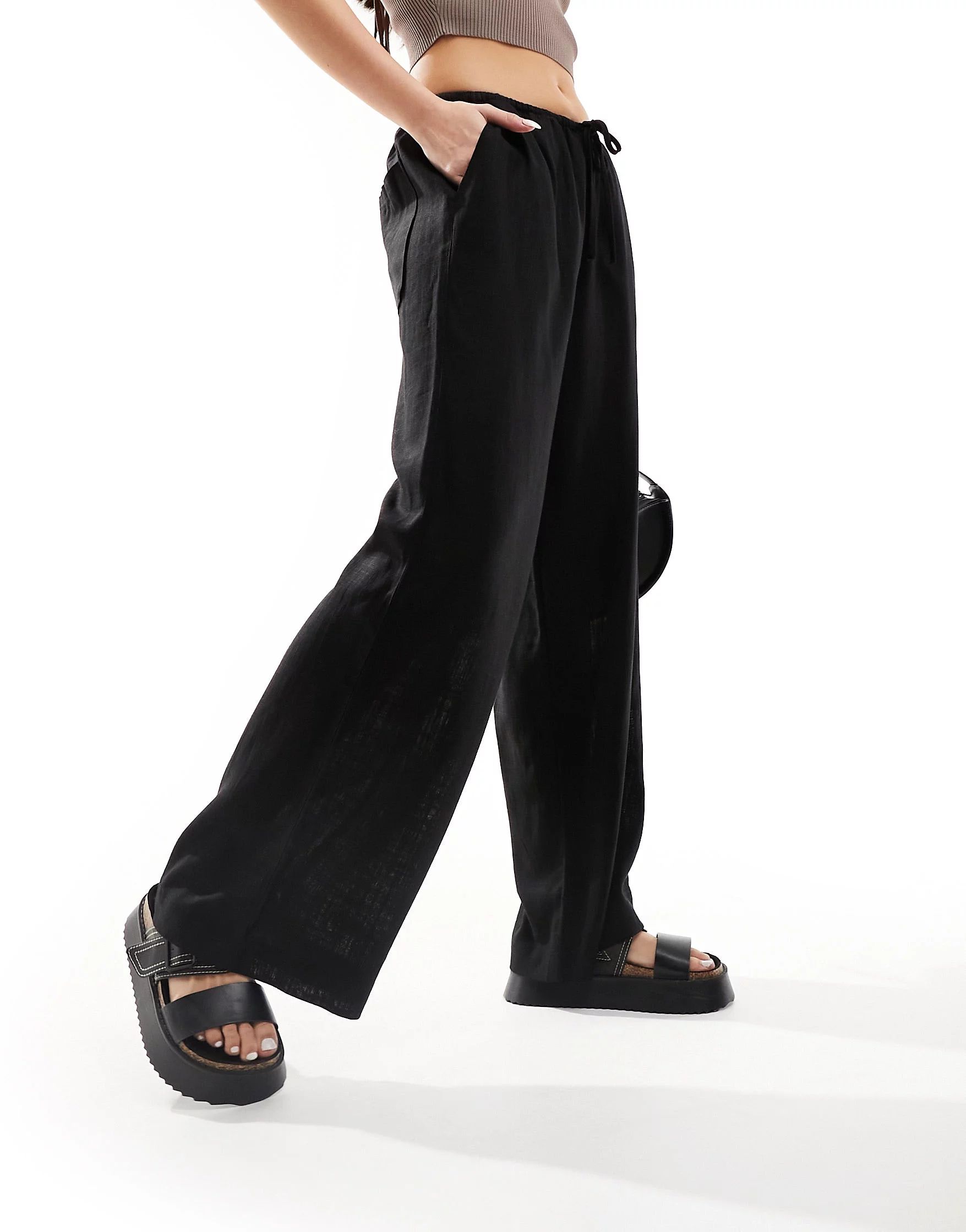 ASOS DESIGN wide leg pull on trouser with linen in black | ASOS | ASOS (Global)