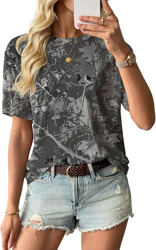 EVALESS Womens Camo Shirt Summer Graphic Tee Crewneck Short Sleeve Oversized Maple Leaf Camouflag... | Amazon (US)