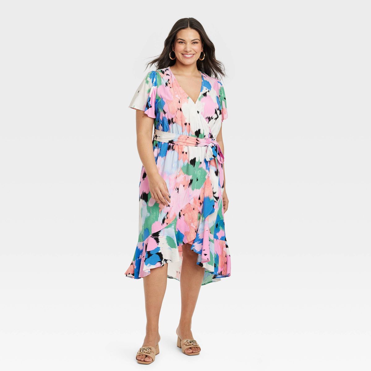 Women's Flutter Short Sleeve Midi Wrap Dress - Ava & Viv™ Abstract Floral 3X | Target