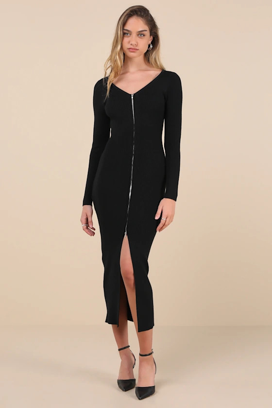 Snuggly Sweetness Black Ribbed Zip-Front Sweater Midi Dress | Lulus