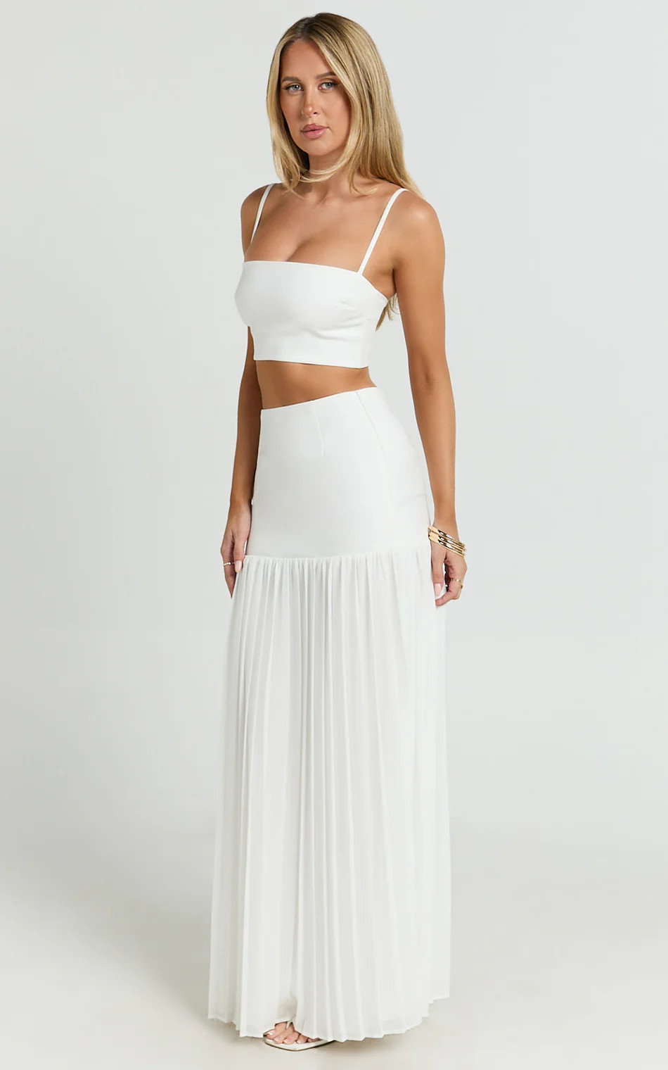 Rowan Two Piece Set - Square Neck Crop Top and High Waist Pleated Skirt Set in Ivory | Showpo (US, UK & Europe)