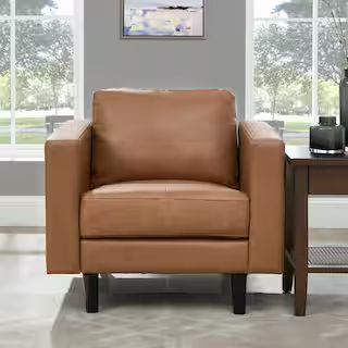 HOMESTOCK Tan Top Grain Leather Mid-Century Chair, Sofa Couches for Living Room Furniture, Accent... | The Home Depot