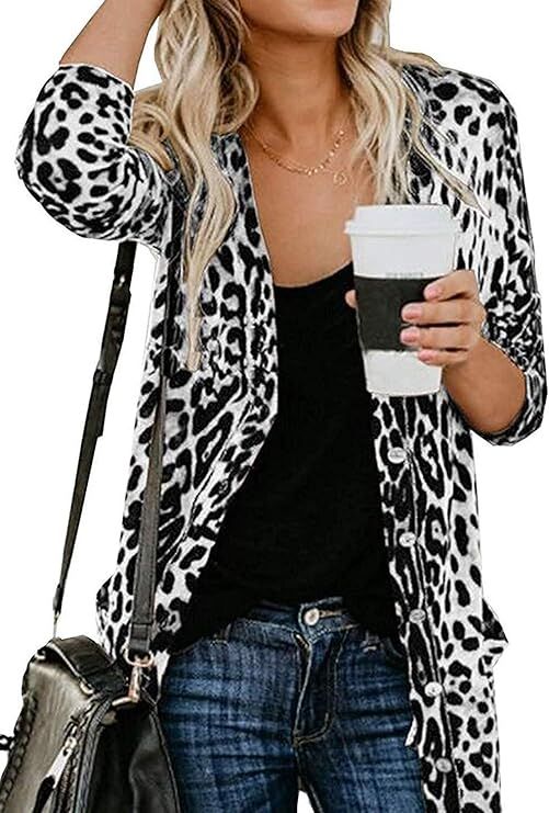 Halife Women's Leopard Printed Cardigans Shirt Lightweight Button Down Cardigan Coat with Pockets | Amazon (CA)