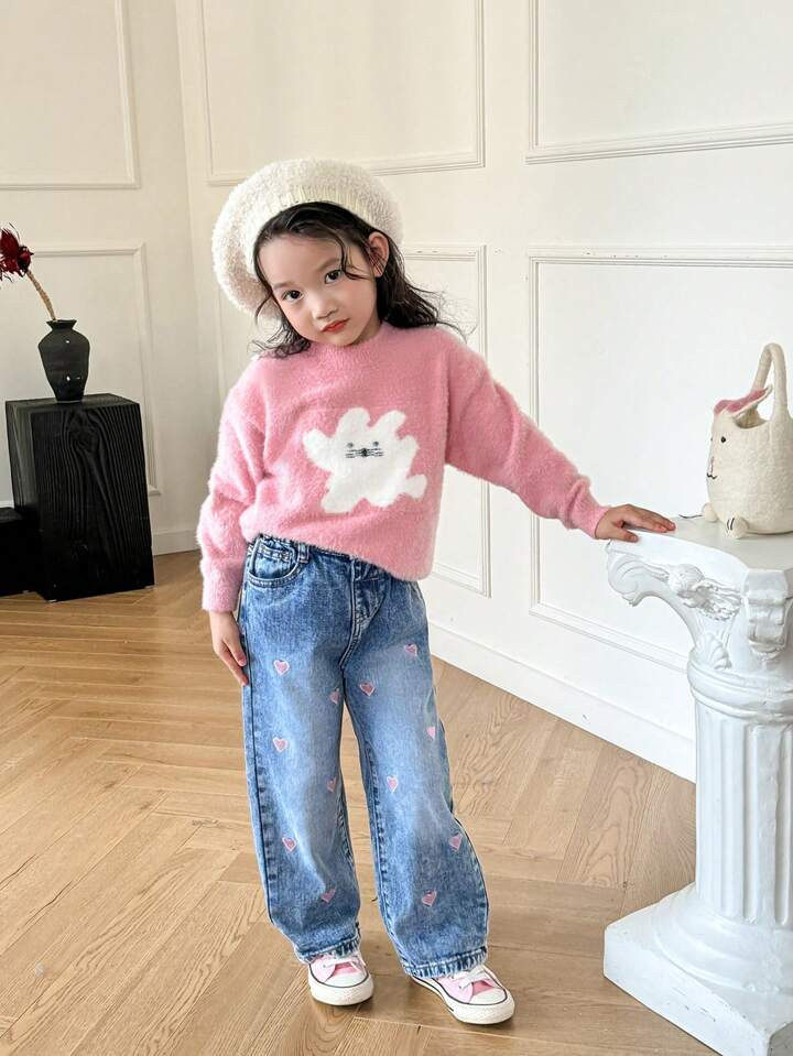 SHEIN Streecool Kids Young Girl Trendy Heart Embroidered Loose Fit Straight-Leg Casual Jeans | SHEIN