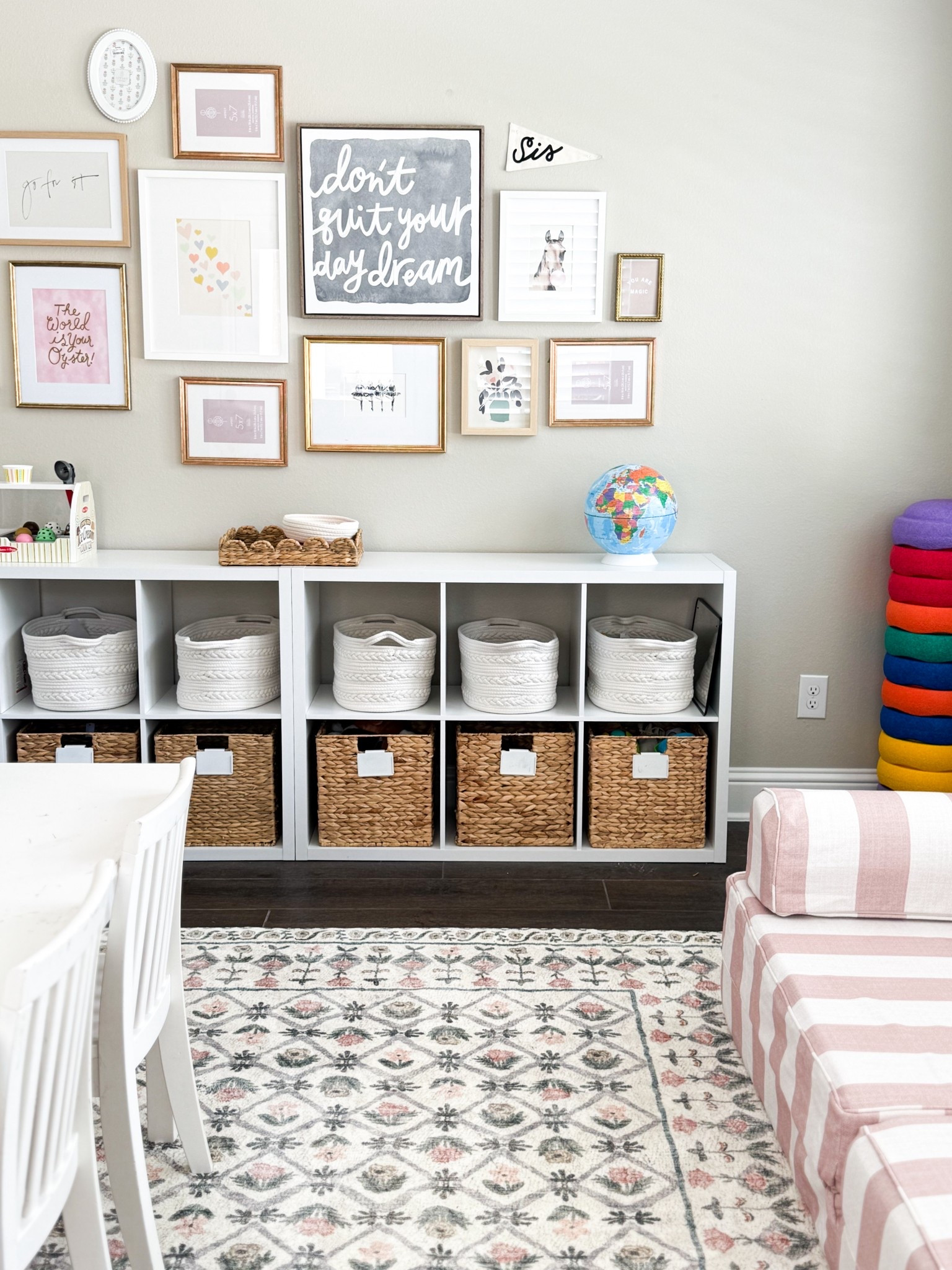 Little girls playroom, gallery wall, playroom couch, kids table, kallax shelf styling

#LTKKids #LTKFamily #LTKHome