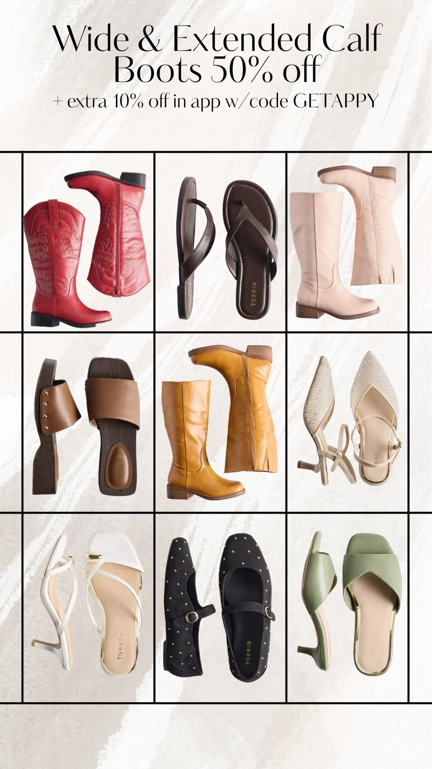 @Torrid sale includes wide calf and NEW extended wide calf boots + wide width sandals. See sale price in cart + use code GETAPPY for extra $$ off when you use the app

#LTKMidsize #LTKPlusSize #LTKSaleAlert
