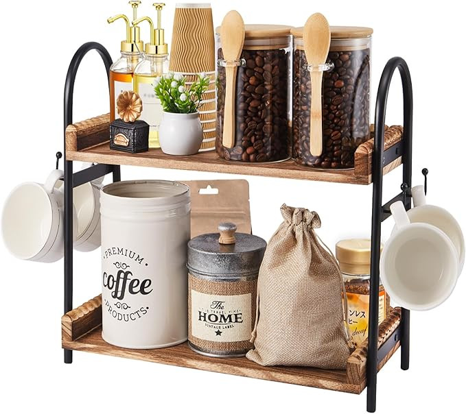 Coffee Bar Accessories, 2-Tier Coffee Bar Organizer with 4 Coffee Cup Holder Hooks, Mul-tifunctio... | Amazon (US)