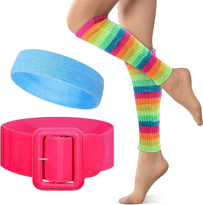 80s Workout Costumes Pink Waist Buckle Belt Workout Costumes Neon Leg Warmers Blue Sweat Headband... | Amazon (US)