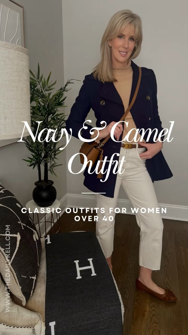 This navy and camel designer look is on sale.  

My Frank & Eileen jeans are under $100.  And well worth the investment.  I sized up because they do not have much stretch and am wearing a 29.  I normally wear 28.  

Sweater is under $30 and is buttery soft.   Comes in multiple colors.  Wearing a small in the color Heather Latte.  

This belt is similar to a high end designer version but less than $20. 

I’ve tagged multiple  coats that are similar in style at different price points.  My coat is St. John and was an investment piece.  This look would also would work well with a black coat. 

My Tory Burch handbag is the Thea and from two seasons ago.  I tagged similar bags at different price points.  

Shoes run true to size.  

#LTKstyletip #LTKfindsunder100 #LTKover40