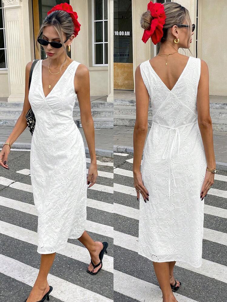 SHEIN Frenchy French Resort Slim Waist V-Neck Sleeveless Hollow Embroidery Dress Wedding Dress Ladies Summer Dress Elegant Resort Dress Ladies Spring Dress Ladies Summer Dress | SHEIN