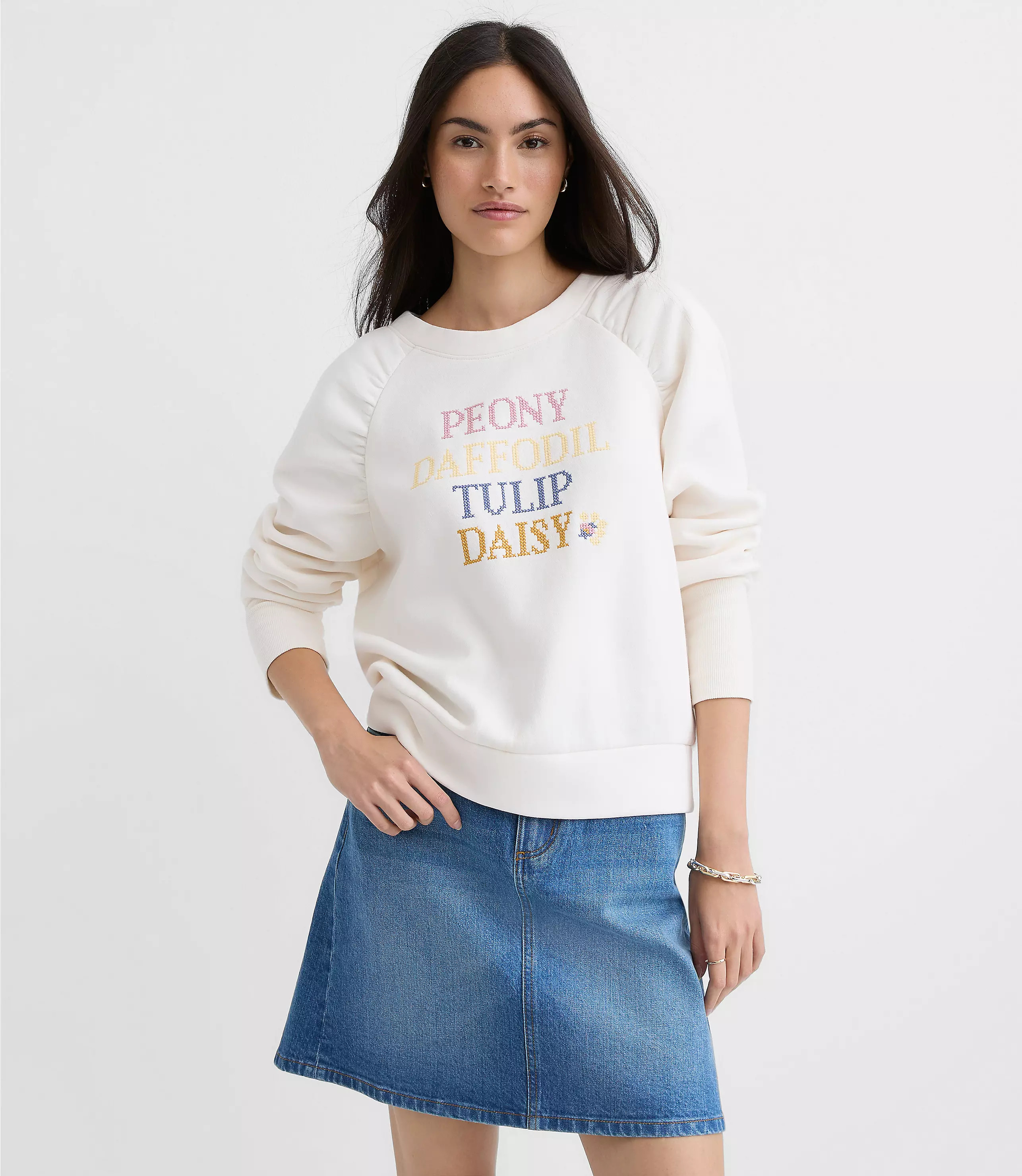 Floral Embroidered Shirred Shoulder Sweatshirt | LOFT