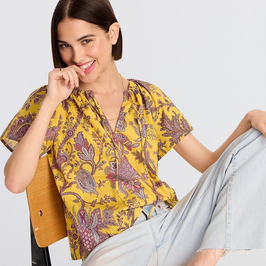 Collection tie-neck cotton poplin top in Ratti® golden paisley | J.Crew US