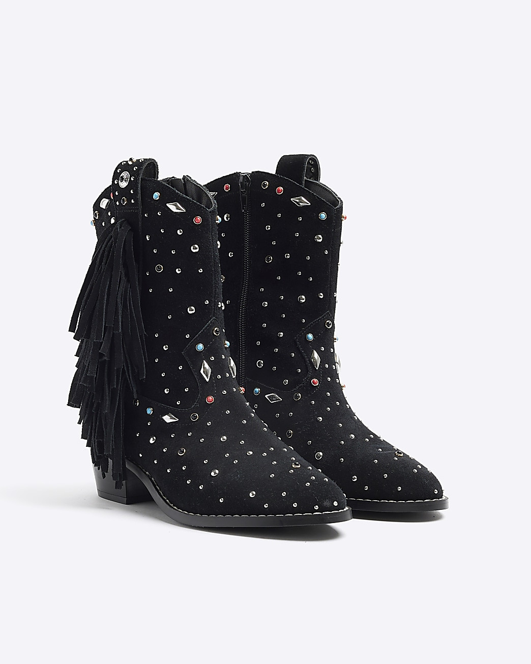 Black Suede Fringe Embellished Western Boot | River Island (UK & IE)