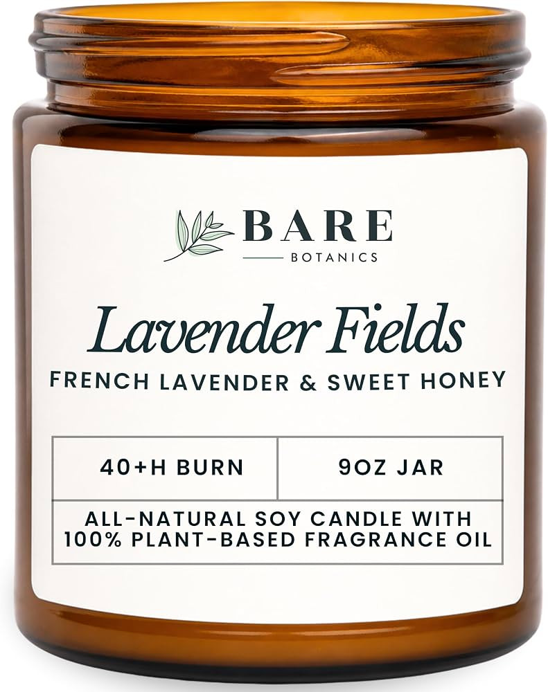 Bare Botanics 9oz Non Toxic Soy Candle Lavender Fields - 40+ Hour Burn | Amazon (US)