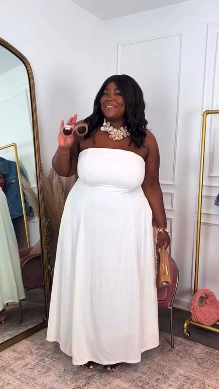 Amazon Summer Dress Find 🤍✨ Linen Strapless Maxi with Pockets ~ dressed up like this or wear with a denim jacket and white tennis shoes. 

Wearing an XXL - strapless bra also linked below. 

Pjs Size 3X 

Linen Dress, White Linen Dress, White Dresses. summer outfits, vacation outfit, wedding Guest Dress 

#LTKFindsUnder100 #LTKStyleTip #LTKFindsUnder50
