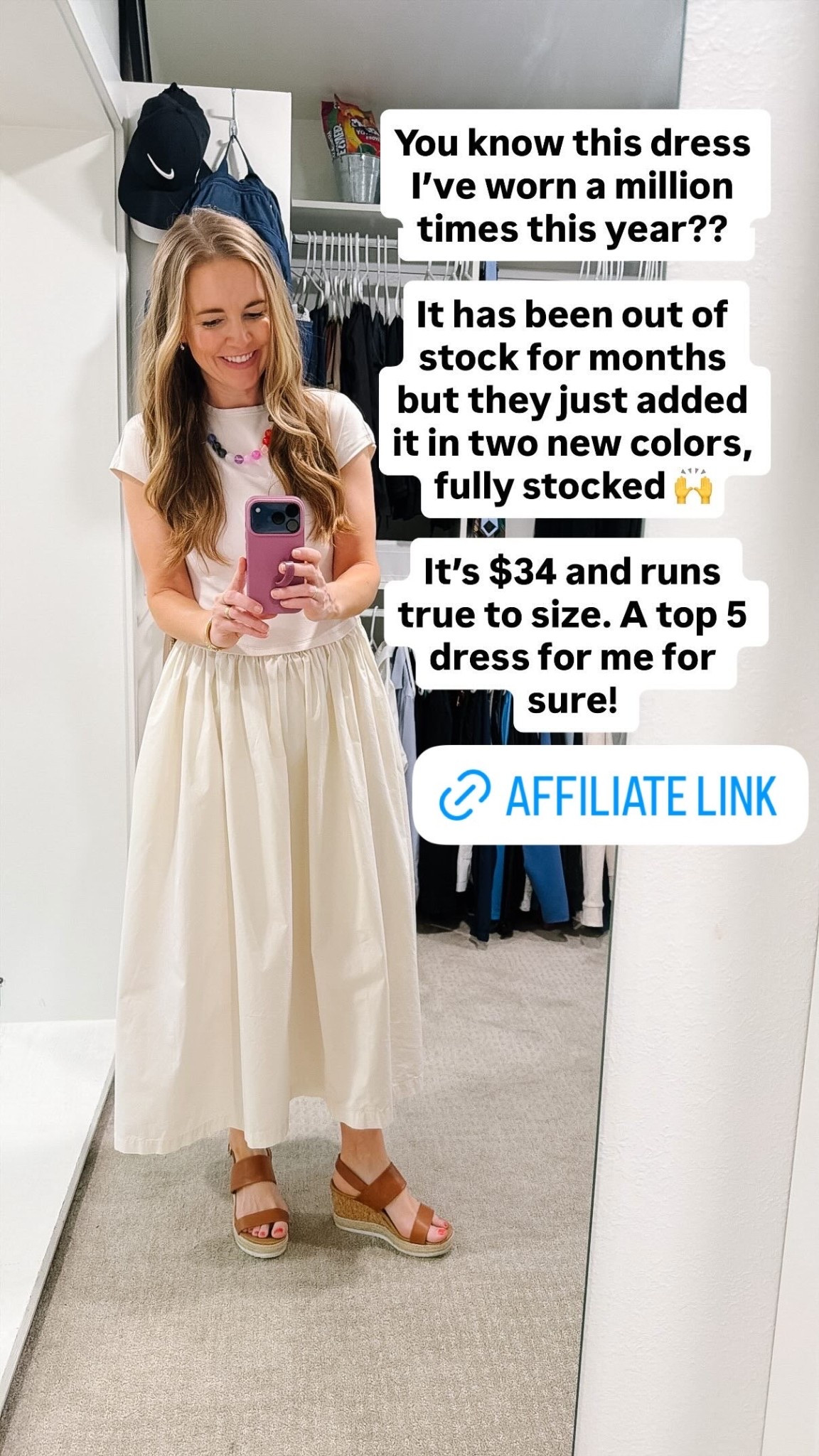 This dress I wear constantly has been out of stock - but they just added 2 new colors, fully stocked!
$34 and runs true to size.