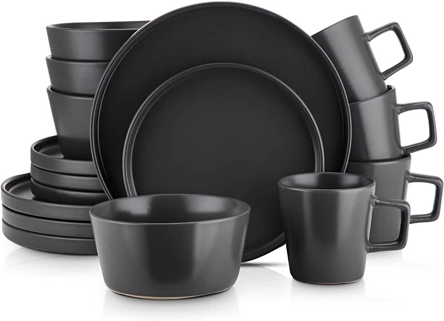 Stone Lain Coupe Dinnerware Set, Service For 4, Black Matte, Matte Black | Amazon (US)