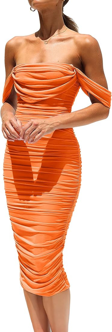 PRETTYGARDEN Women's Summer Off The Shoulder Ruched Bodycon Dresses Sleeveless Sexy Party Club Mi... | Amazon (US)