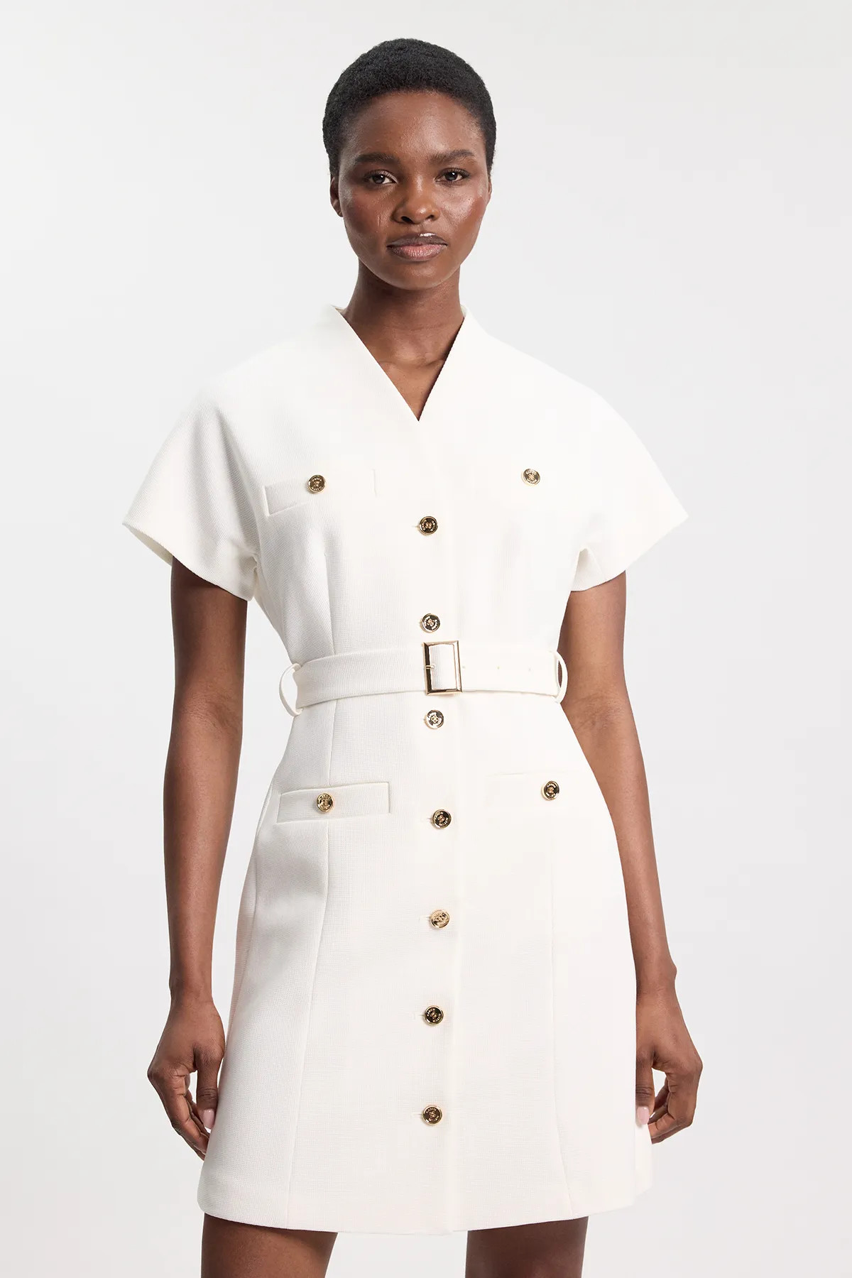 Ivory Textured Compact Stretch High Neck Belted Mini Dress | Karen Millen | Karen Millen UK + IE + DE + NL